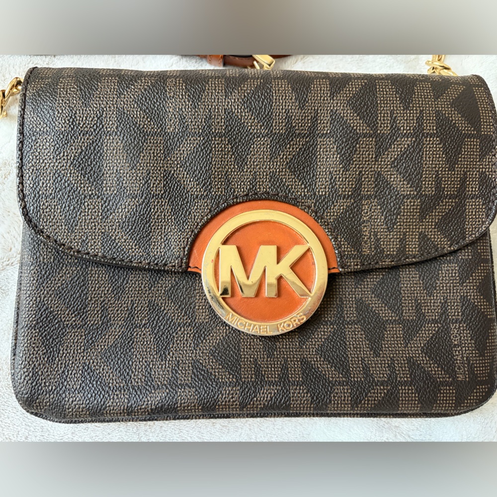 Michael Kors Gold Logo on Brown Leather